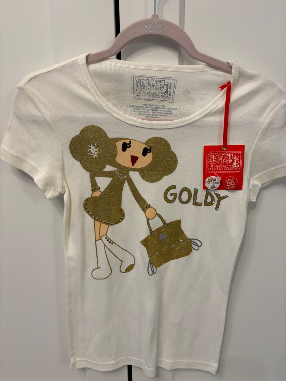 Coach White Short-Sleeve 'Goldy' Graphic Tee with Gold Accents